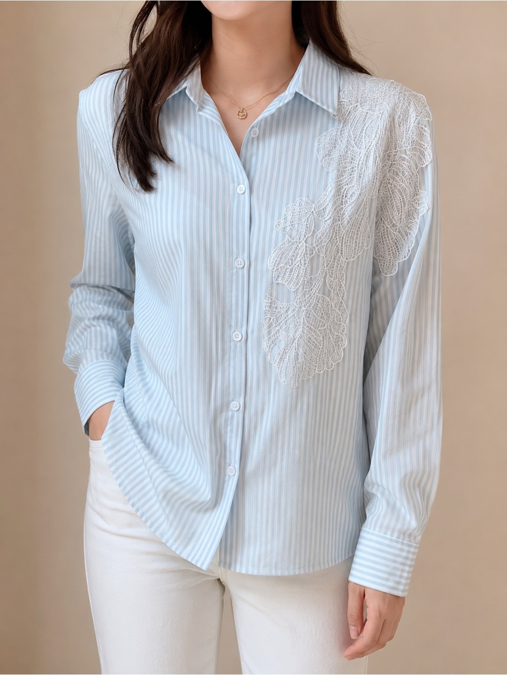 Anne Klein Blue Striped Lace Detail Button Down Shirt Medium